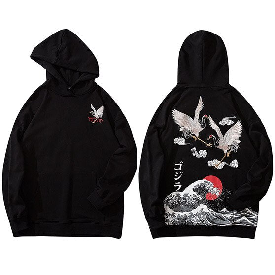Hip Hop Hoodie Sweatshirt Men Streetwear Harajuku Japanese Kanji Crane Embroidery Hoodies Pullover Oversized Cotton Autumn