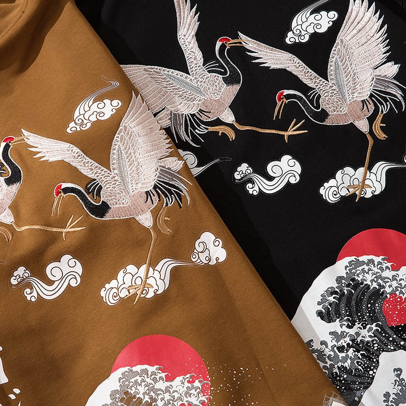Hip Hop Hoodie Sweatshirt Men Streetwear Harajuku Japanese Kanji Crane Embroidery Hoodies Pullover Oversized Cotton Autumn