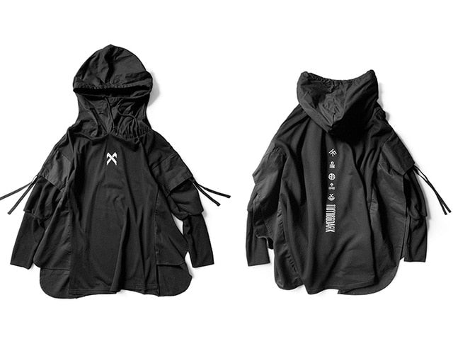 Japanese Streetwear Man Hoodies Hip Hop Embroideried Pullover Patchwork Fake Two Darkwear Tops Techwear Hoodies