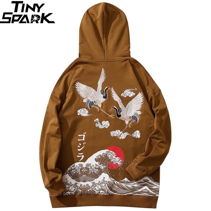 Hip Hop Hoodie Sweatshirt Men Streetwear Harajuku Japanese Kanji Crane Embroidery Hoodies Pullover Oversized Cotton Autumn